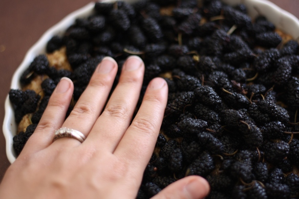 Gently sink mulberries into the batter